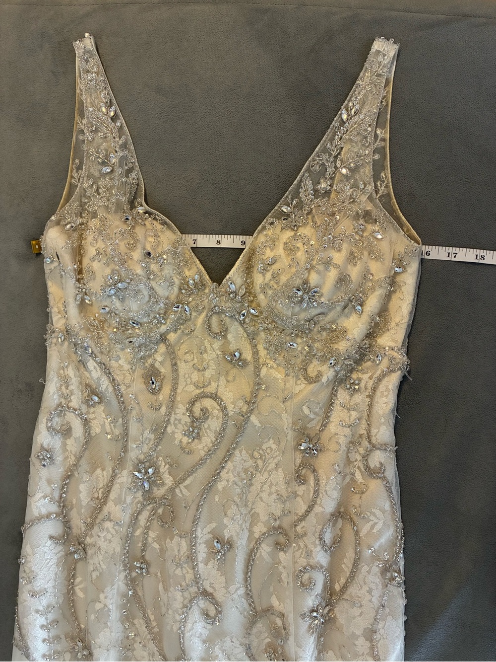 Beaded Ivory Lace Evening Dress with V-Neck - Picture 6 of 11